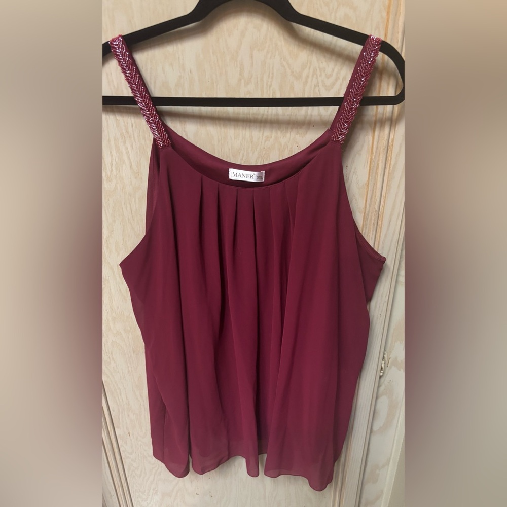 Womens Maner Red Burgundy Sheer Overlay Blouse Beaded Strap Sz 3X Valentines Day